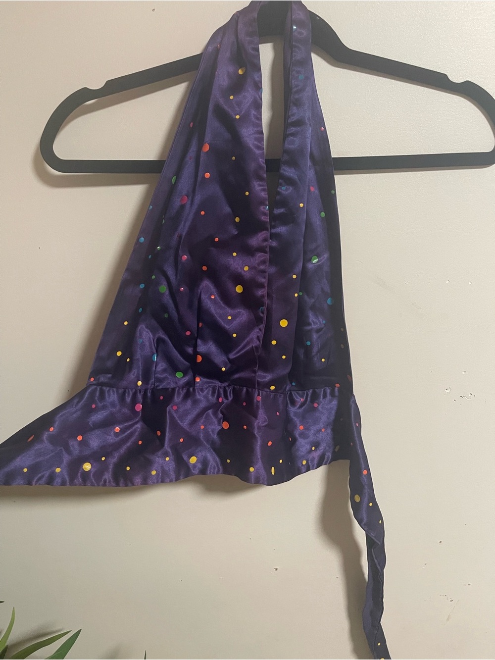 Vintage Navy Blue Satin Multicolored Polka Dot Cropped Halter Top